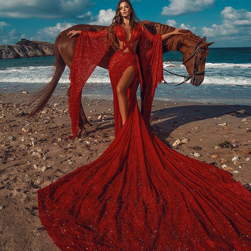 SPARKLE RED EXTREME LONG TRAIN CHIC CRISS-CROSS LONG SLEEVESS PROM PARTY GOWNS HZ1023